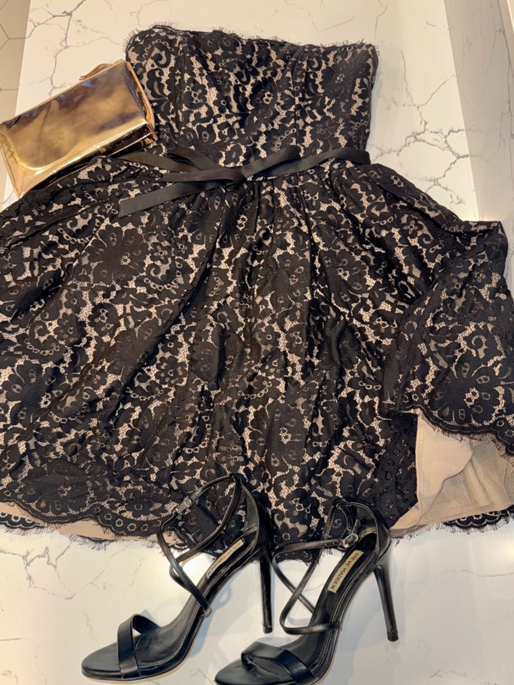Women’s Black Lace Party Dress with Ribbon Waist